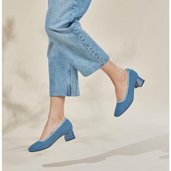 Viviana Shoes - Vivaia Shoes Womens 6 Square Toe Chunky Heels Melody Pro Block Knit Pumps Blue